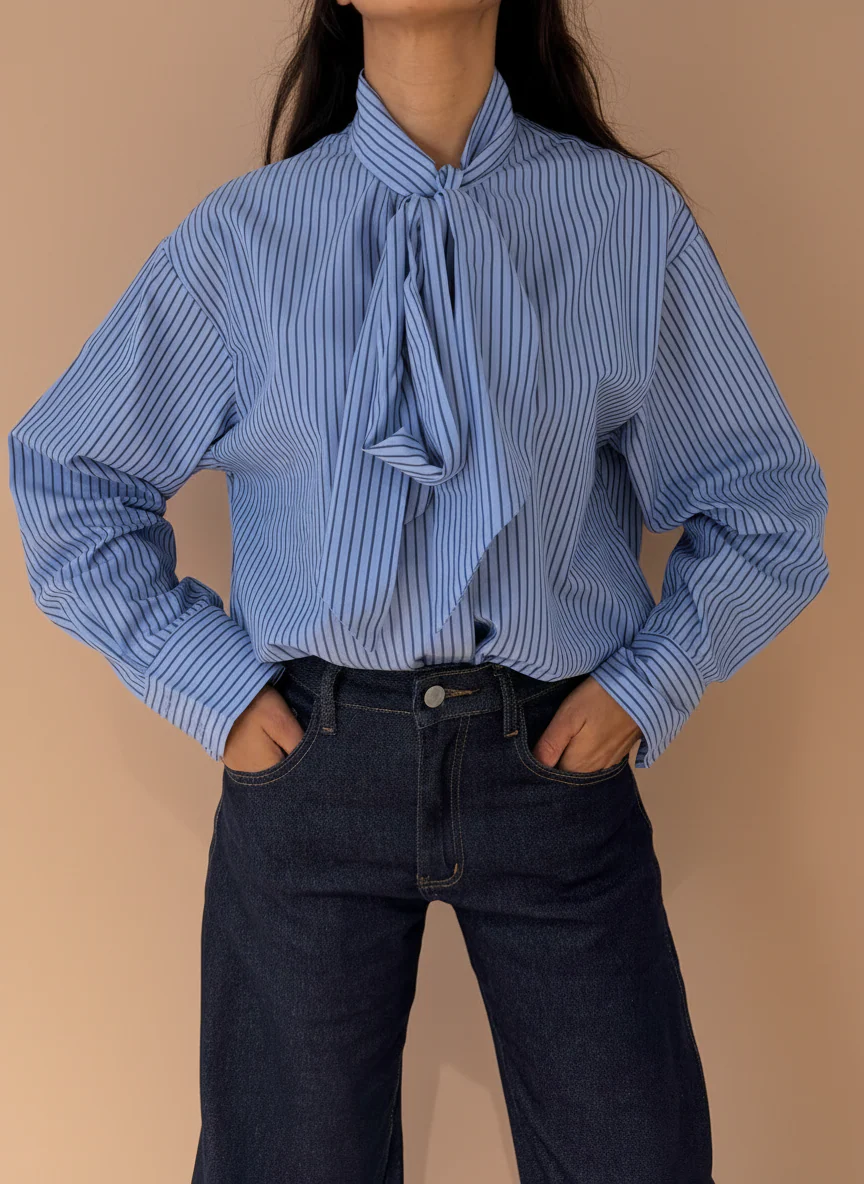 Chemise Rayée Bleue Femme à Nœud